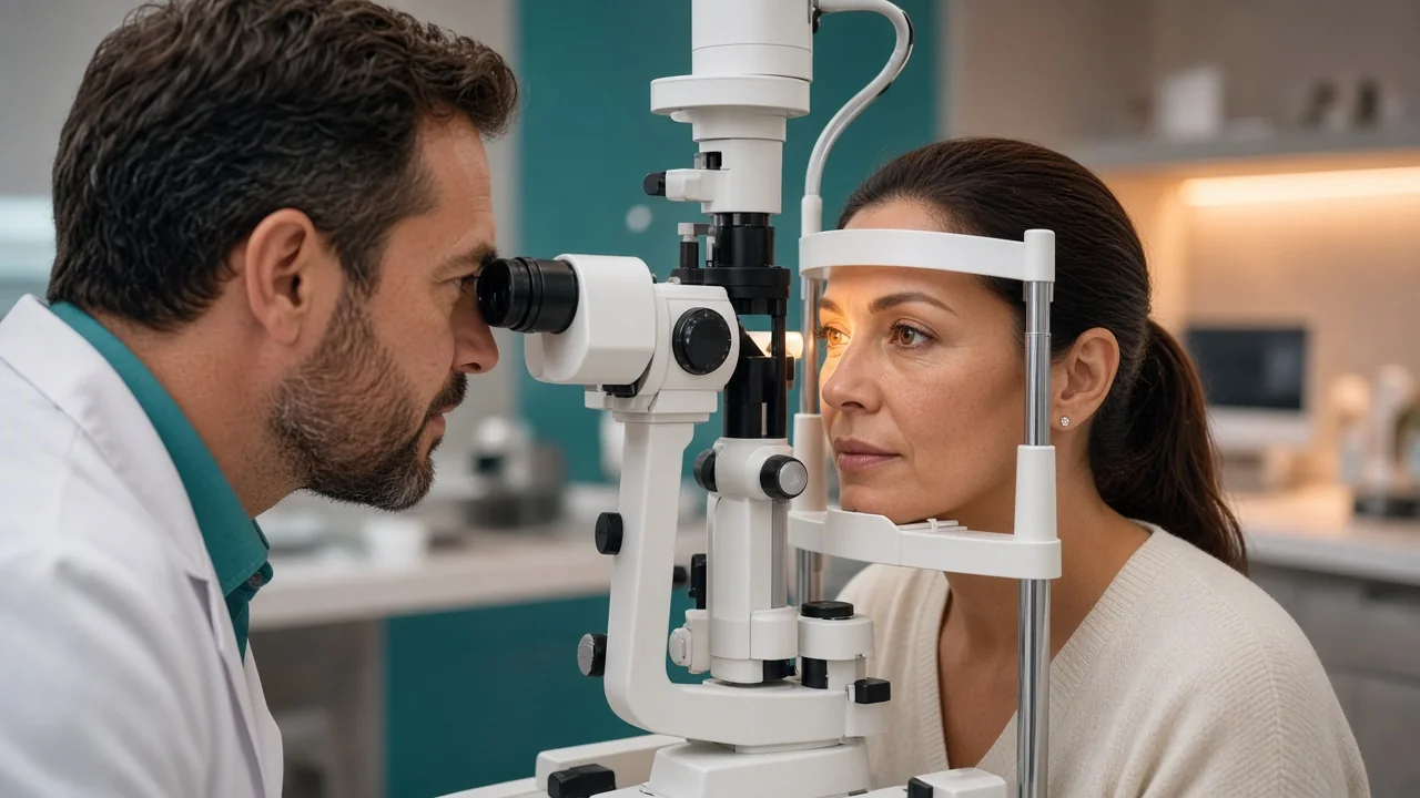 Eye specialist performing a slit lamp eye examination